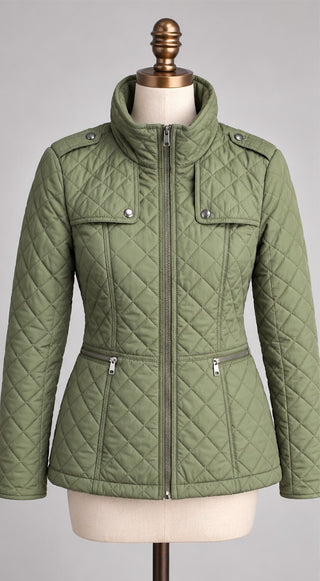 Talbots Olive Green Quilted Jacket Women's Zip Snap Pockets
