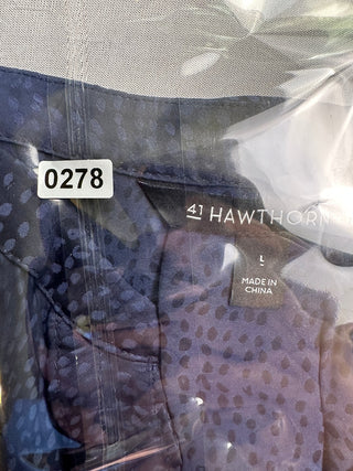 41 Hawthorn Womens L Navy Blue Dot Print Ruffle Blouse