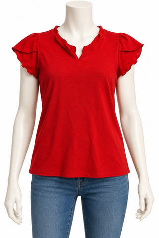 SHEIN Red V-Neck Flutter Sleeve Blouse Women's L