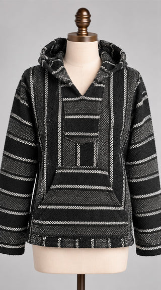 Black Gray Striped Baja Hoodie Mexican Poncho Pullover