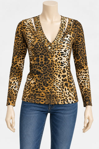 Womens Leopard Print Long Sleeve V-Neck Top with Studded