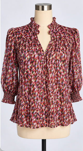 ba&sh Dame Blouse XS Red Print Metallic Ruffle Neck Top