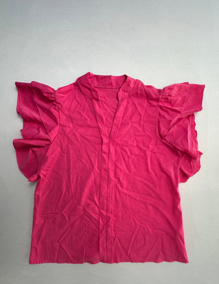 Women's L Hot Pink Ruffle Flutter Sleeve Blouse Top