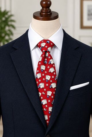 Tango Red Silk Tie with Playing Cards, Dice, and Poker Chips Pattern