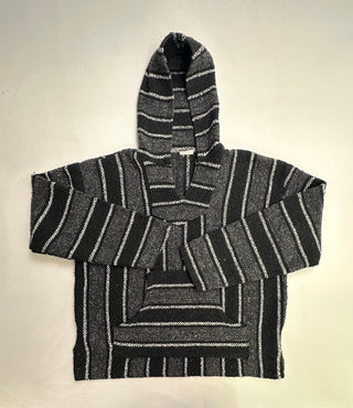 Black Gray Striped Baja Hoodie Mexican Poncho Pullover