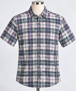 Bruno Washable Linen Plaid Blend Short Sleeve Shirt M