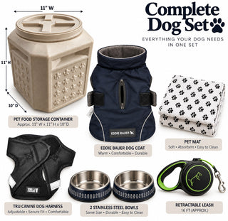 Complete Dog Set with Food Storage Container, Dog Coat, Harness, Bowls, Mat, etc