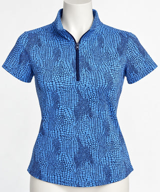 Ibkul Women's Blue Patterned Short Sleeve Golf Polo Shirt, S