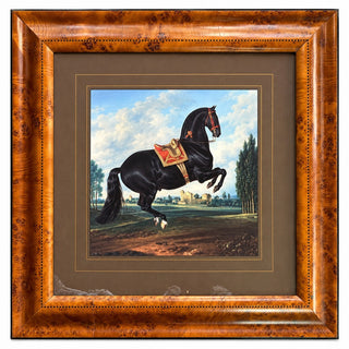 Framed Black Horse Equestrian Art Print 26.5" Burl Wood