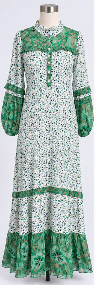 R Vivimos Womens S Green Floral Boho Puff Sleeve Maxi Dress
