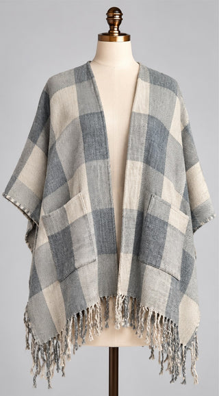 Charlie Paige Gray Plaid Poncho Shawl Wrap One Size Fringe