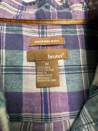 Bruno Washable Linen Plaid Blend Short Sleeve Shirt M