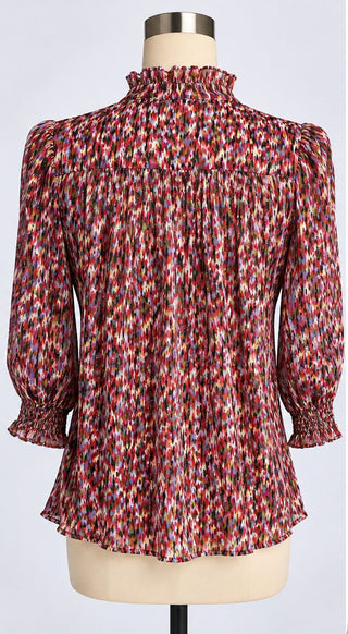 ba&sh Dame Blouse XS Red Print Metallic Ruffle Neck Top