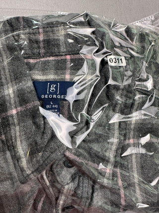 George Gray Pink Plaid Flannel Button Down Shirt Men's L