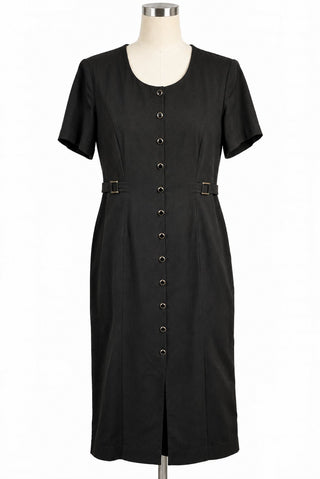 Vintage Black Button Front Midi Dress with Waist Buckle