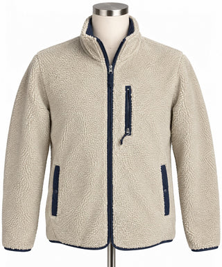 Men's Cream Sherpa Fleece Full Zip Jacket Navy Trim Pockets