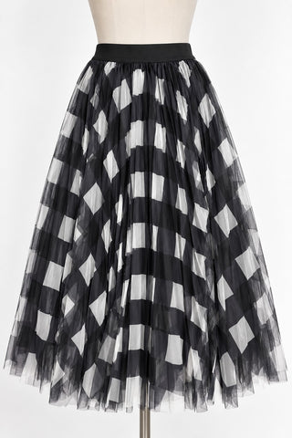 TABA Black White Geometric Tulle Mesh Maxi Skirt Size L