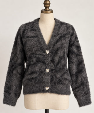 Yesfashion Black Fuzzy Heart Button Cardigan Women’s L