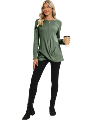 DUSDIMON Women's Long Sleeve Tunic Top Green Large L Twist Front Casual Shirt
