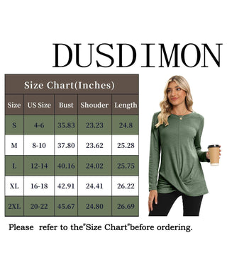 DUSDIMON Women's Long Sleeve Tunic Top Green Large L Twist Front Casual Shirt
