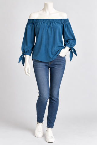 Japna Blue Off Shoulder Tie Sleeve Blouse Women's L