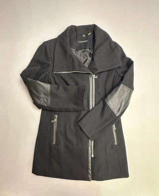 Calvin Klein Women's Wool Blend Black Coat with Leather Elb0