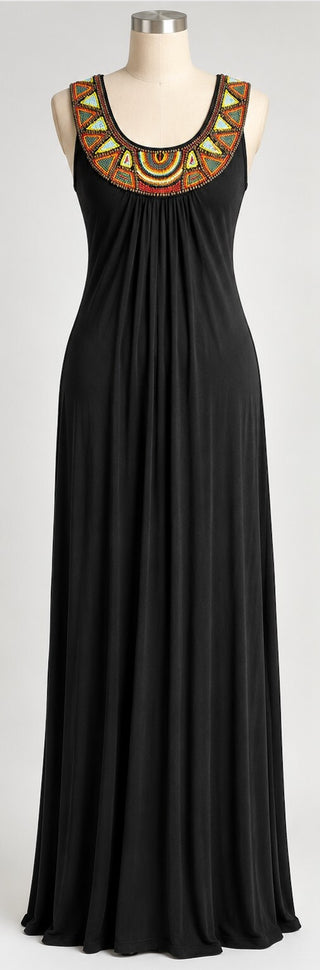Boston Proper Black Beaded Neckline Maxi Dress XS Boho