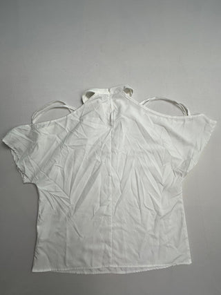 SHEIN Women's White Cold Shoulder Turtleneck Top with Pearl Button, Size L