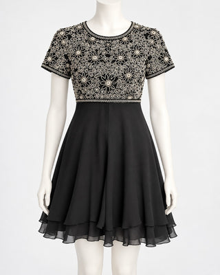 Laurence Kazar Black Beaded Floral Cocktail Dress