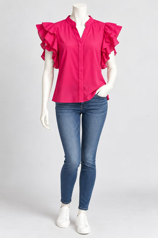 Women's L Hot Pink Ruffle Flutter Sleeve Blouse Top