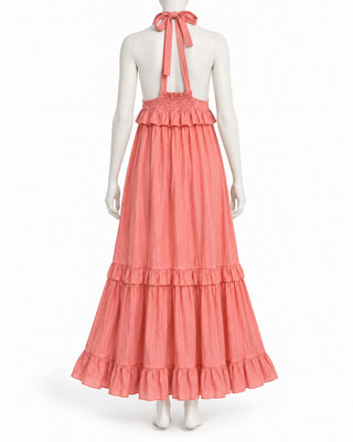 Womens Pink Halter Maxi Dress Tiered Ruffle Boho Summer