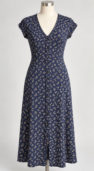 Madewell Navy Floral Button Front Midi Dress Size S V Neck