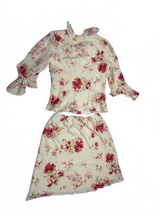 Just In Thyme Ltd Floral 2pc Skirt Blouse Size 10 Cream Pink