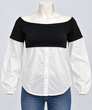 SHEIN Women's Black and White Long Sleeve Button-Up Blouse L