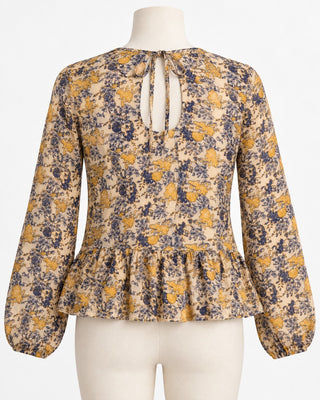 Women's Floral Boho Peplum Blouse Lace Trim Long Sleeve