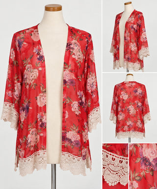 Rewind Red Floral Sheer Kimono with Crochet Lace Trim, Size