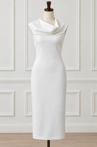 Rebecca B. White Sleeveless Midi Dress with Draped Neckline