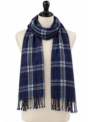 Liberty Classic Navy Blue Plaid Scarf with Fringed Ends