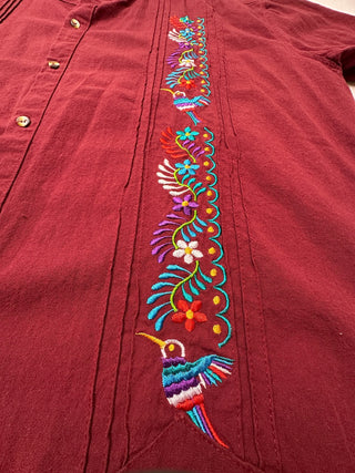 Men's Mexican Guayabera Burgundy Embroidered Shirt XL Birds