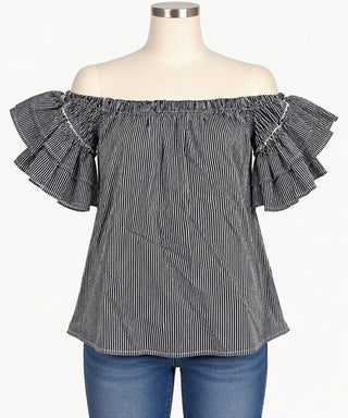 Rebellion Women's S Striped Off Shoulder Ruffle Top