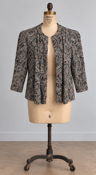 Vintage Black Paisley Open Front Longline Blazer Jacket
