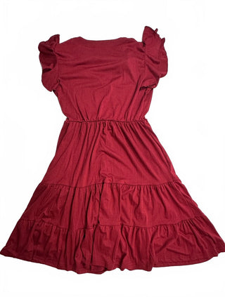 Women's Burgundy Tiered Midi Dress with Ruffle Flutter Sleeves, V-Neck, and Fit