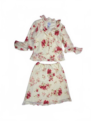 Just In Thyme Ltd Floral 2pc Skirt Blouse Size 10 Cream Pink