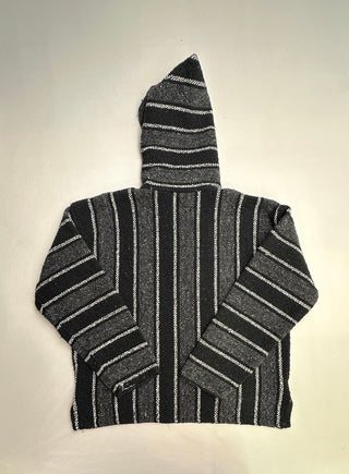 Black Gray Striped Baja Hoodie Mexican Poncho Pullover