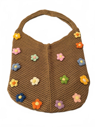 NEW Brown Crochet Hobo Shoulder Bag Floral Boho Knit Purse