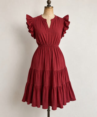 Women's Burgundy Tiered Midi Dress with Ruffle Flutter Sleeves, V-Neck, and Fit