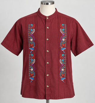 Men's Mexican Guayabera Burgundy Embroidered Shirt XL Birds