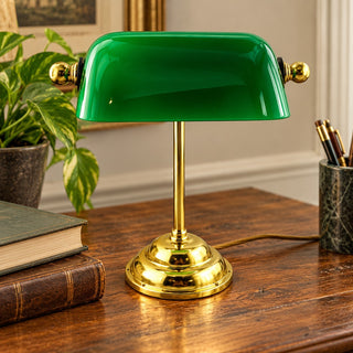 Vintage 1970s Banker Desk Lamp Classic Green Glass Shade