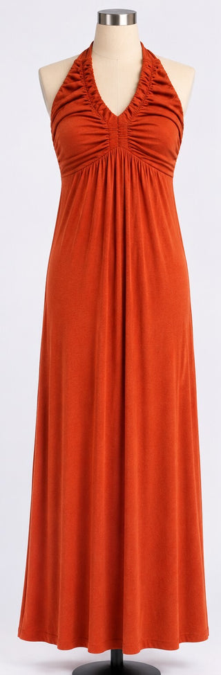 Sam & Max Womens L Rust Orange Ruched Halter Maxi Dress