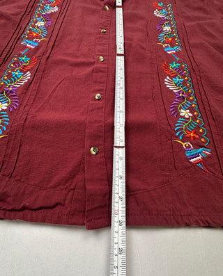 Men's Mexican Guayabera Burgundy Embroidered Shirt XL Birds